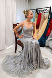 Elegant Mermaid Silver Lace Long Prom Dress Spaghetti Straps Evening Party Dress OK1637