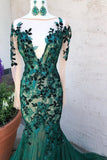 Mermaid Dark Green Prom Dress With Long Sleeves Illusion Neck Party Dress OKS6