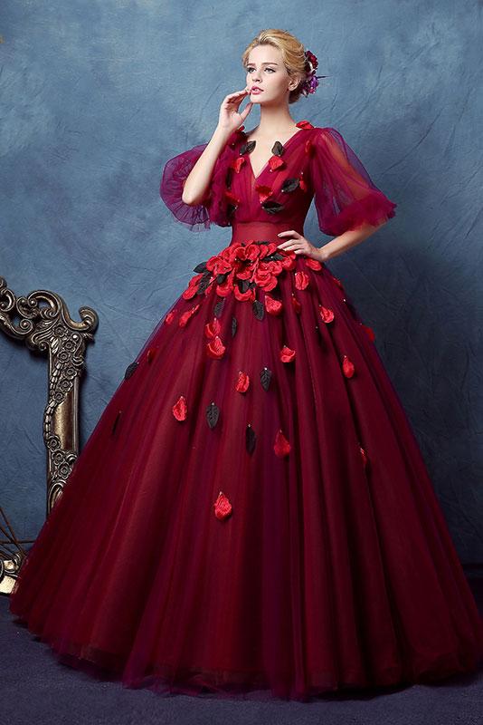 Dark Red Half Sleeves V Neck Ball Gown Prom Dresses with Rose Petal OKV7