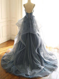 Deep V Neck Appliqued Spaghetti Straps Multi-Layered Organza Blue Bridal Dress OKS11