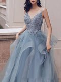 Deep V Neck Appliqued Spaghetti Straps Multi-Layered Organza Blue Bridal Dress OKS11