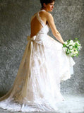 Elegant Deep V Neck  Ivory Lace Wedding Gowns Cheap Bridal Dress OKP92