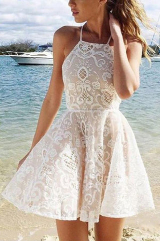 Cute Homecoming Dresses,Halter Homecoming Dresses,Lace Homecoming Dresses,Sexy Cocktail Dresses,Lace Prom Dresses,White Homecoming Dresses,Short Prom Dresses