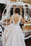 V neck Tulle Lace Long Wedding Dresses,Tulle Ball Gown Prom Dress With Appliques OK402