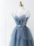 Dusty Blue Sparkly Tulle Beaded Prom Dress, Tiered Formal Gown With Rhinestone OK1932