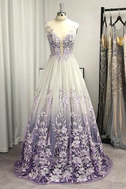 A-line Princess V-neck Tulle Applique Sleeveless Floor-Length V Back Prom Dress OKX21