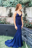 Simple Navy Blue V-neck Long Prom Dress Mermaid Spaghetti Straps Evening Dress OK1322