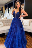 Sparkling Royal Blue A Line Deep V Neck Prom Dress Evening Dress Pageant Dress School Party Gown OK1145