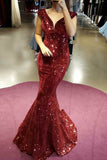 Mermaid Burgundy Sequined Cap Sleeves Long Prom Dress OKH23