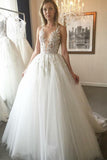 Elegant Sheer Round Neck Ivory Open Back Wedding Dress with Appliques Bridal Dress OK1014