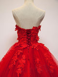 Charming Red Sweetheart Strapless Ball Gown Applique Tulle Long Prom Dresses OKE82