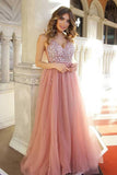 A Line Dusty Rose Long Tulle Prom Dress Beading Bodice V Neck Formal Dress OKH49
