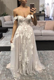Chic Off the Shoulder Lace Appliqued Tulle Boho Wedding Dress Beach Wedding Gown OK1202