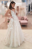 A-line V Neck Tulle Long Wedding Dress With Lace Appliques OK1008