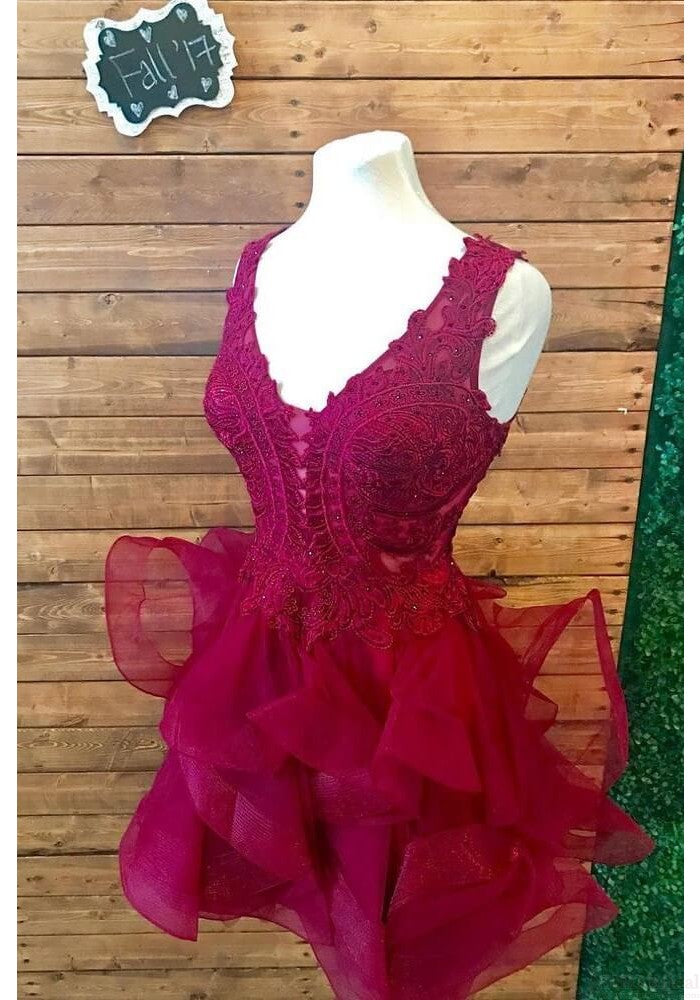 Organza Lace Short Party Dresses,Lace V Neck Prom Dress,Burgundy Homecoming Dresses OK498
