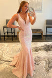 Charming Mermaid Deep V Neck Purple Sequins Long Prom Dress N122