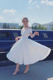 A Line Ankle Length Homecoming Dress Ivory Off-Shoulder Satin Short Wedding Dress OK1116