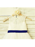 Ivory A-line Scoop Sleeveless Bowknot Floor-Length Tulle Flower Girl Dress With Lace OK710