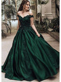 Off Shoulder Dark Green A-line Long Evening Prom Dress, Cheap Sweet 16 Dresses OKG41