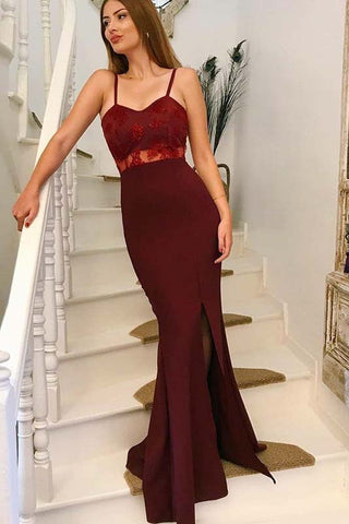 Mermaid Spaghetti Straps Long Burgundy Prom Dresses with Lace Appliques OKE83