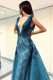 A-Line Deep V-Neck Lace Blue Floor Length Prom Dress OKF49