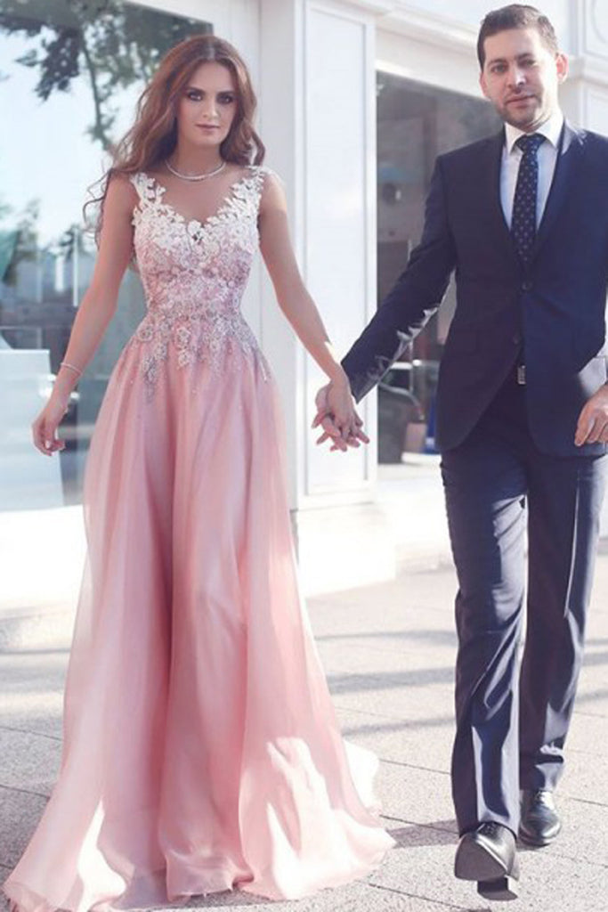 Elegant Appliques Sleeveless Pink Floor-Length A-Line Prom Dress/Evening Gown OK192