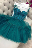 Green Beaded Lace Appliques Short Prom Dress with Straps Formal Graduation Homecoming Dress OKY58