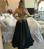 Modest Black And Gold Long A-line Long Sleeves Lace Prom Gowns,Evening Dress OKF14