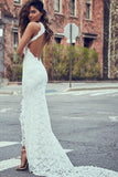 Sexy Mermaid High-Neck Sleeveless Lace Backless Wedding Dress,Modest Bride Gowns OKC49