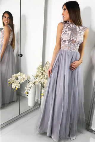 A-Line Jewel Floor-Length Tulle Prom Dresses with Lace Appliques OKF63
