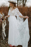 Lace V Neck Backless Boho Wedding Dress A-line Lace Beach Bridal Gown OKV56