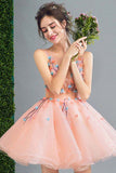 Peach Short A-Line Lace Up Back Homecoming Dress With Flowers OKD89