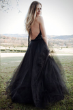 Black Tulle Backless Halter A Line Cheap Long Prom Dress Sexy Evening Dresses OKG27