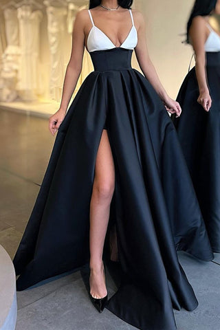 A-line V Neck Black White Prom Dress With Pockets OKZ8