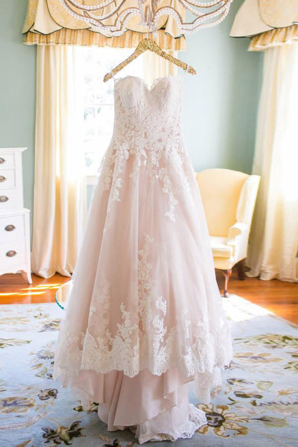 Sweetheart Wedding Dresses,Elegant Wedding Dresses,A Line Wedding Dress,Blush Bridal   Dress,Lace Wedding Gown,Long Wedding Dress