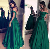 A Line Off The Shoulder Simple Green Long Cheap Prom Dress With Pockets OKH21