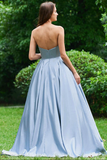 A Line Strapless Sky Blue Satin Long Prom Dress With Appliques OKC34