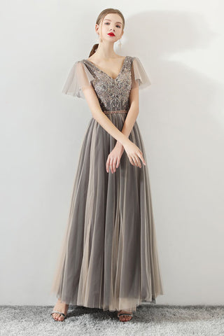 A Line Tulle Long Appliques Beaded Prom Dress, Grey Formal Evening Dress OKG72