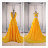 Yellow A Line V Neck Criss Cross Back Chiffon Long Prom Dresses OKB58