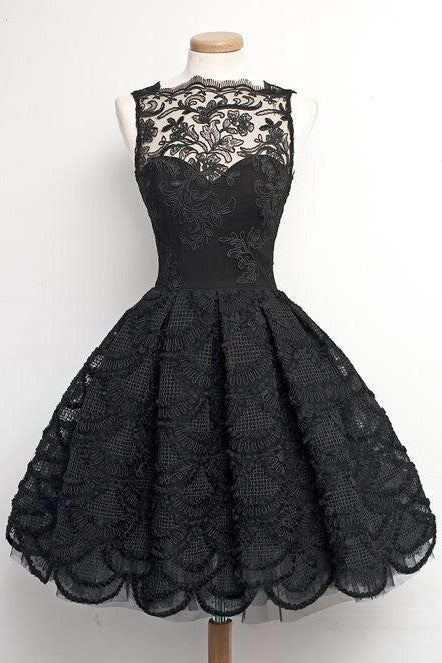 A-Line Short Sleeveless Vintage Black Lace Prom/Homecoming Dress OK229