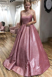 A-line Scoop Spaghetti Straps Sparkle Long Pink Prom Dress with Pockets OK1243