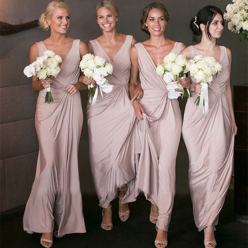 Elegant V-neck Sheath Pink Bridesmaid Dresses Long Party Dress for Maid of Honor OK1834
