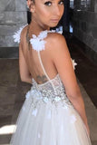 Floral Open Back Deep V-neck Straps Tulle Appliques Prom Dresses Wedding Dress OK180