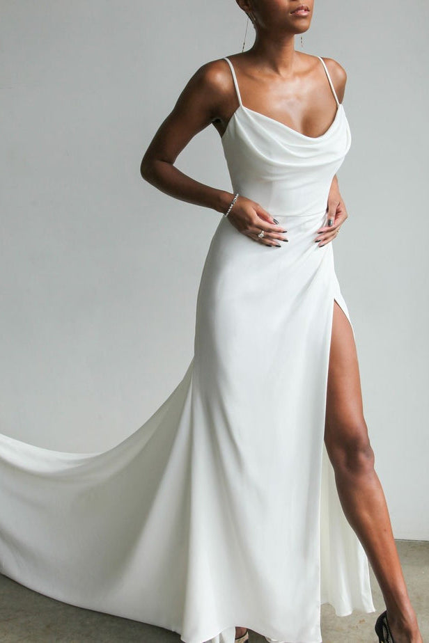 Charming Sheath Cowl Neck Soft Satin Long Wedding Dress with Slit N112