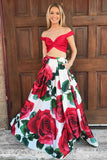 Two Piece Off-the-Shoulder Floor-Length Red Floral Prom Dresses with Pockets OKI96