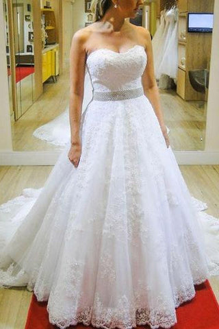Sweetheart Strapless A Line Beading Belt Lace Wedding Dresses Bridal Gown OKE22