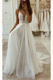 Spaghetti Straps A-Line Tulle V Neck Wedding Dress Long Split Prom Dress OK1205