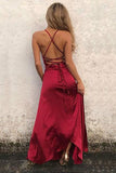 Red A Line Spaghetti Straps Sleeveless Floor-Length Sexy Slit Prom Dresses OKD94