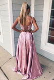 Two Piece Square A Line Pink Split Long Prom Dresses with Lace Pockets OKI72