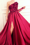 Burgundy A Line Applique Long Sleeves One Shoulder Prom Dresses With Slit OKH61